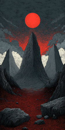 An evocative painting depicts a stark landscape dominated by dark, jagged mountains and a deep red river. A brilliant red sun dominates the sky, with ominous grey clouds suggesting a dramatic atmosphere. The scene evokes a sense of desolation and mystery, suitable for various editorial and artistic applications.の素材