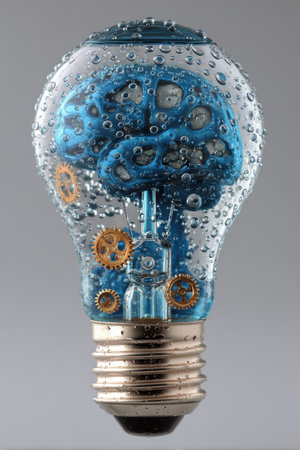 This image features a light bulb encompassing a blue brain, gears, and water droplets, set against a neutral background. The visual emphasizes conceptual ideas and innovation. The composition has a surreal style, using vibrant colors and textures. It is suitable for various commercial uses, including advertising and editorial content.の素材