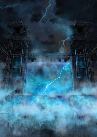 An intense visual depicts a storm with prominent lightning strikes illuminating architectural structures. The composition highlights contrasting colors of blue, black, and white. The artwork presents a dramatic scene with an atmospheric ambiance, which might be suitable for fantasy or design projects.の素材