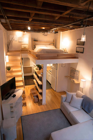 This photograph depicts the interior of a small apartment, featuring a loft bed and a minimalistic design. The scene is bathed in warm light, with wood and white surfaces creating a clean aesthetic. The composition suggests a compact, well-designed living space suitable for various editorial and commercial applications.の素材