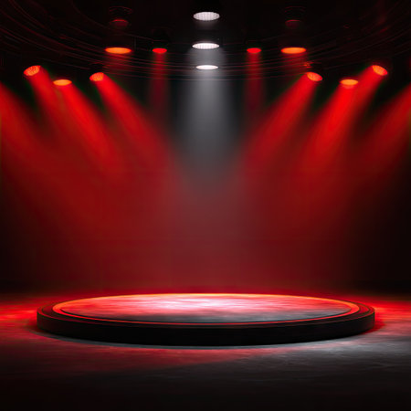 A circular stage is illuminated by a dynamic array of red and white spotlights. The composition features a dark ambiance with a central focus on the platform. The lighting creates volumetric rays, enhancing the depth and texture. This image is suitable for advertising, promotions, or any concept requiring an eye-catching visual.の素材