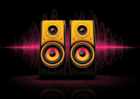 Two yellow and black speakers are displayed against a dark backdrop. Pink sound waves emanate from the speakers. The illustration utilizes digital art techniques with a focus on color and form. The design may be suitable for advertising, website graphics, or other visual communication purposes.の素材