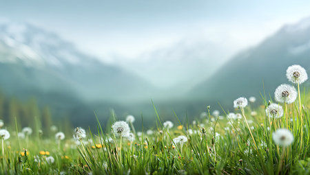 This image features numerous dandelion seed heads in a grassy field, with a blurred backdrop of mountains and a soft, cloudy sky. The scene is bathed in diffused sunlight, creating a dreamy ambiance. The composition lends itself well to various applications such as landscape photography or promoting natural concepts.の素材