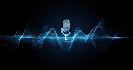 An illustration depicts a microphone superimposed on a stylized sound wave. The image utilizes blue and white color schemes against a dark backdrop. The composition features a symmetrical arrangement, and the graphic style suggests digital technology and audio concepts. Suitable for uses related to audio, communication, and digital design.の素材