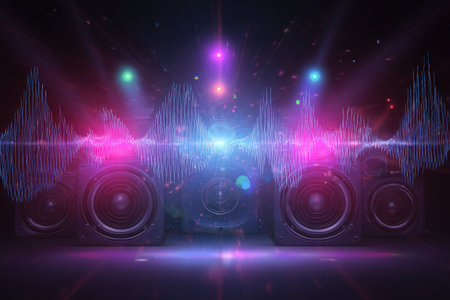 An illustration features a sound system with large speakers and glowing lights. Abstract audio wave lines emanate from the speakers, creating a sense of energy. The scene is illuminated by colorful beams, producing a visually striking composition. This image is suitable for promotional materials related to music, technology, and entertainment.の素材
