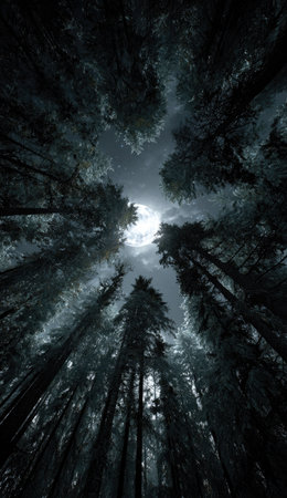 A dark, upward perspective captures tall trees silhouetted against a cloudy sky. The composition emphasizes the height of the trees, and the monochromatic palette enhances the mysterious atmosphere. The image provides a strong sense of depth and can be used for various projects related to nature or conceptual designs.の素材