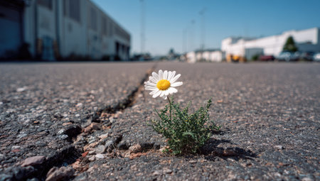 A single daisy blossoms from a crack in asphalt, showcasing resilience. The image displays natural light and a shallow depth of field, emphasizing the flower's details. The composition suggests growth, survival, and renewal, with potential for use in concepts related to overcoming challenges. The environment appears to be outdoors.の素材