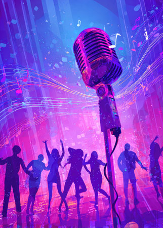 A close-up view presents a vintage microphone positioned centrally against a backdrop featuring dancing silhouettes. The scene is enveloped in a vivid array of pink and blue hues, complemented by music notes, suggesting a live performance atmosphere. This artwork could be used for promoting music events or enhancing creative projects.の素材