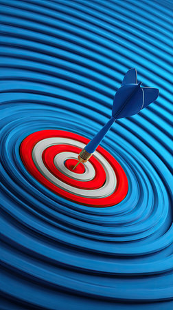 A dart is precisely placed in the center of a red and white bullseye, set against a swirling blue background. The shot is well-lit and the composition has a close-up perspective. This image could be used for illustrations related to business, planning, and goal achievement.の素材