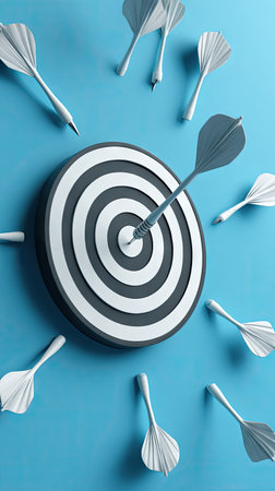 A dartboard with darts piercing its center and scattered nearby against a solid blue backdrop. The image utilizes a high-angle perspective, highlighting the circular design and contrasting colors. This conceptual illustration can be used in projects related to business, strategy, and achieving goals.の素材