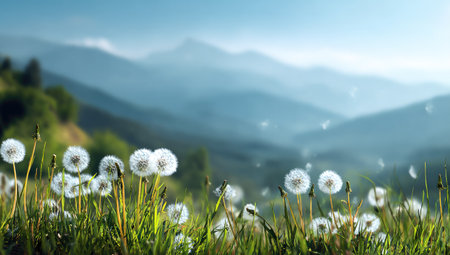 This image showcases dandelions in a field set against a backdrop of distant mountains. The composition features vibrant green grass and soft, diffused sunlight. The style suggests a natural environment and conveys a sense of growth. Suitable for various applications, it can be used for editorial and commercial purposes.の素材
