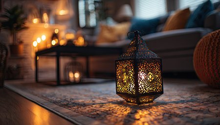 An ornate lantern casts a warm glow, illuminating a room. The image features soft lighting and a shallow depth of field, emphasizing the lantern. The scene suggests a cozy indoor setting, possibly during the evening. This image is suitable for various commercial purposes, including home decor and ambiance concepts.の素材