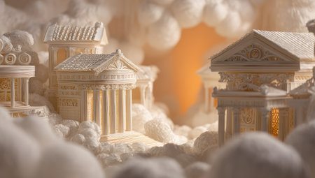This image features miniature classical buildings suspended amidst a sea of fluffy, cloud-like forms. The structures display intricate details in a soft, beige palette, complemented by warm, diffused lighting. The overall composition creates a dreamlike atmosphere, suggesting a conceptual representation for various commercial uses.の素材