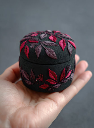 A detailed image shows a small, round box adorned with a floral pattern, held in a person's hand. The box features intricate leaf designs in shades of red and purple against a black background. The composition is well-lit, highlighting the textures. Suitable for illustrating crafts or artistic themes in various commercial applications.の素材