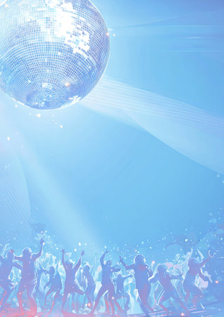 A shiny disco ball hangs above silhouetted figures on a light blue background. Beams of light emanate from the disco ball, illuminating the scene. The image displays a festive atmosphere with implied movement. Suitable for entertainment or celebratory themes in promotional materials.の素材
