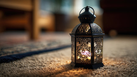 A decorative lantern, casting a warm glow, is the central focus, positioned on a textured rug. The lantern displays intricate patterns. The composition includes blurred background elements suggesting an interior setting with natural lighting. This image could be used for various commercial projects related to design and decor.の素材