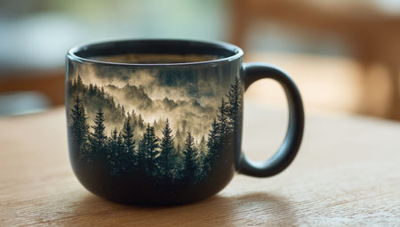 A close-up view presents a coffee mug featuring a forest landscape. The mug, with its dark color, sits on a wooden surface. The image showcases soft focus and natural lighting. Suitable for use in various commercial applications, emphasizing design or product promotion.の素材