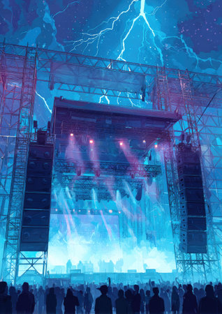 This image showcases a stage setup with intense lighting illuminating a silhouetted crowd. The composition uses cool blue and purple hues creating a dynamic visual experience. The scene suggests a concert or festival environment. Suitable for promotional materials, editorial content, and design projects.の素材