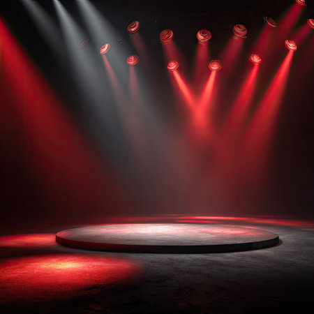 A circular stage is bathed in a dramatic interplay of red and white light from overhead spotlights. The composition features a dark backdrop, emphasizing the bright illumination on the stage's surface. This imagery is suitable for various applications, including advertising or editorial content, emphasizing a sense of performance.の素材