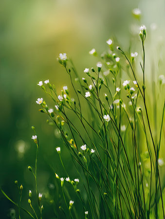 The image features slender stems of white wildflowers, gracefully reaching towards the light, set against a soft, blurred green backdrop. The composition highlights the natural texture and shape of the blooms. This image may be suitable for illustrating themes of growth, beauty, or serenity in various commercial applications.の素材