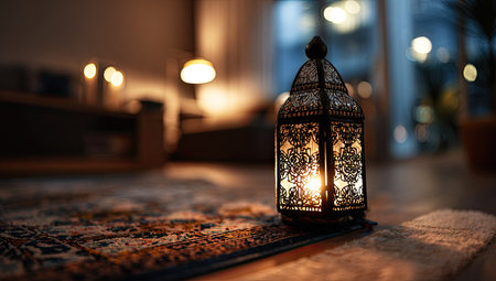 A decorative lantern with intricate patterns sits on a patterned surface. It is illuminated by warm light, casting soft shadows. The scene is set indoors, possibly during the evening, with other light sources visible in the background. Suitable for use in various commercial and editorial contexts.の素材