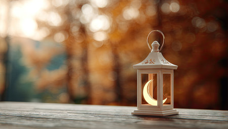 A detailed image presents a white lantern with a crescent moon ornament. The composition showcases the lantern on a wooden surface with a soft, blurred autumnal background in warm tones. The lighting suggests a day setting, making this scene suitable for various commercial or editorial applications.の素材