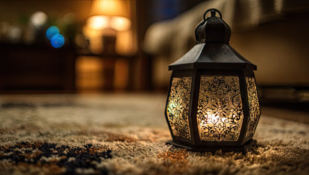 A decorative lantern rests on a textured rug, casting a warm glow. The lantern features an ornate design, and the scene is illuminated by soft light. The composition highlights the lantern's details, suggesting potential uses in interior design or themed projects. The overall ambiance evokes feelings of warmth and tranquility.の素材