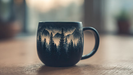 A close-up captures a dark-colored mug featuring a detailed landscape design of trees and mountains. The image is set on a wooden table, and the background is softly blurred, providing a shallow depth of field. This photo is suitable for a range of creative projects including advertising and website content.の素材
