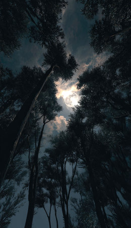 An upward perspective captures tall trees silhouetted against a cloudy sky. The composition showcases dark hues with contrasting bright areas suggesting the sun or moon. The image's lighting evokes a nighttime or twilight setting, offering potential uses in design, editorial features, or creating evocative visual content.の素材