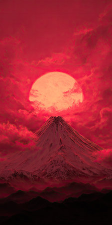 An imposing mountain peak dominates the image, set against a backdrop of a massive sun and swirling clouds. The overall color palette is a striking red, creating a surreal and atmospheric effect. This imagery could be suitable for various commercial uses, including artistic designs and digital content.の素材