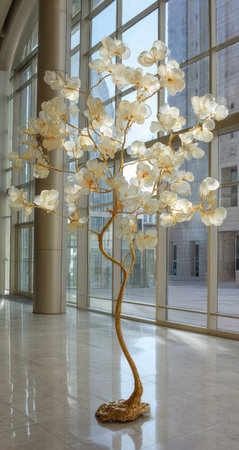 A tall decorative tree sculpture is displayed within a modern interior. The tree features numerous illuminated petals and a curving trunk. The composition utilizes clean lines and natural light. It might be suitable for artistic installations or design-related promotional materials.の素材