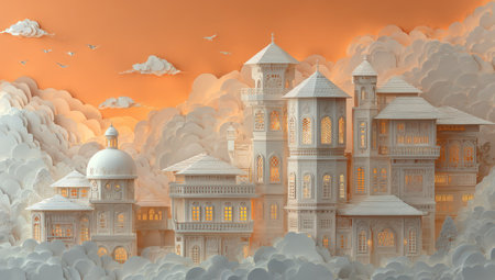 An ethereal castle, constructed in a soft, pastel color palette, floats serenely amidst voluminous clouds. The composition features ornate architectural details and warm interior lighting. The overall effect creates a sense of wonder, with potential applications in fantasy-themed projects or illustrative designs, perfect for various creative uses.の素材