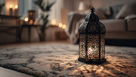 A detailed image displays an ornate lantern, casting a warm glow on a patterned carpet. The indoor setting features soft lighting, suggesting a cozy atmosphere. Visual elements include intricate patterns, subtle textures, and a blurred background. Suitable for various editorial and commercial applications.の素材