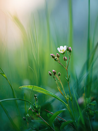 A close-up captures a small white flower blossoming amidst tall green grass. The image displays a shallow depth of field, with the flower in sharp focus and the background blurred. Soft sunlight illuminates the scene, enhancing the natural colors and textures. This image could be used for various commercial or editorial purposes.の素材