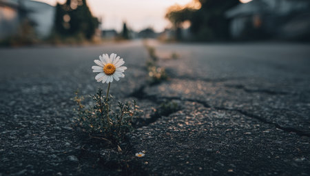 A delicate daisy blooms from a crack in asphalt, its white petals contrasting the dark surface. The image showcases a close-up perspective with selective focus, highlighting the flower. Soft lighting and a shallow depth of field create a peaceful atmosphere. This visual is suitable for illustrations about growth, nature, and overcoming challenges, with possible commercial applications.の素材