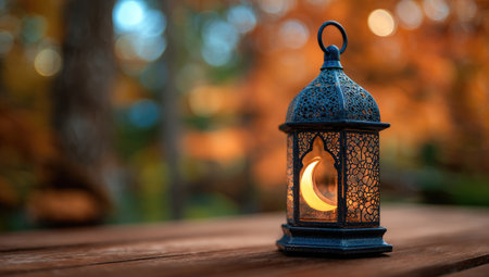 An ornamental lantern sits atop a wood surface with a blurred background displaying autumnal colors. The lantern's intricate design houses a glowing crescent moon. The composition uses soft lighting and shallow depth of field, suitable for artistic projects and visual content.の素材