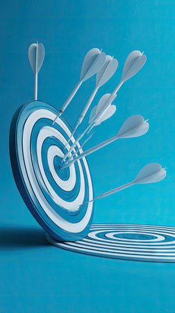 A close-up image presents a dartboard with several darts embedded, set against a vibrant blue background. The composition highlights the convergence of the darts on the bullseye, with varying angles. The lighting appears soft and diffused, highlighting textures. Suitable for visual concepts related to success, targets, and strategic planning.の素材