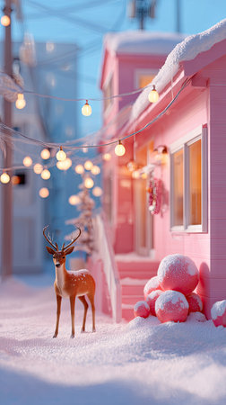 A deer stands in a snow-covered street, facing forward with a pink building in the background. String lights and snowballs add a festive atmosphere. The image utilizes soft lighting and a shallow depth of field, hinting at a winter setting suitable for various commercial purposes.の素材