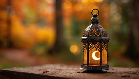 An ornate lantern rests on a wooden surface, illuminated by a warm internal light. The lanternの素材