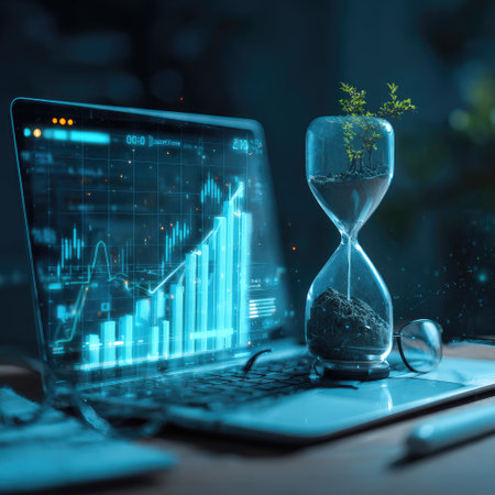 A laptop displays financial data visualizations beside an hourglass with growing greenery. The composition features a blue and black color scheme with highlights. The scene suggests concepts of time, progress, and investment. It could be used for illustrating topics related to business, finance, and technology.の素材