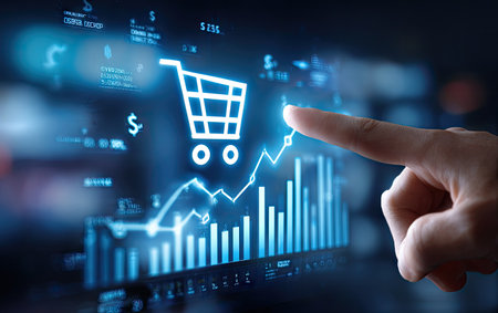 This image features a glowing shopping cart icon alongside financial charts and a pointing hand. The visuals are rendered in shades of blue, with a focus on lines, shapes, and digital data. The style suggests a modern, technology-driven concept suitable for commercial and editorial applications.の素材