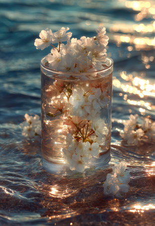 White blossoms fill a clear glass, resting in rippling water, bathed in warm sunlight. The composition features a close-up perspective, highlighting the detailed petals and reflections. The scene evokes a tranquil ambiance with soft focus and a golden glow, suitable for nature-themed projects or editorial content.の素材