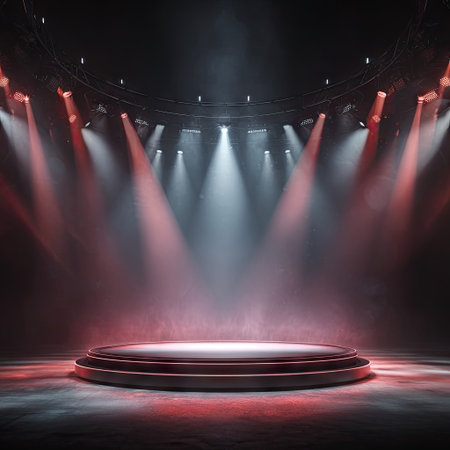 A circular platform is brightly lit by multiple spotlights, creating a stage-like appearance. Red and white lights stream down, contrasting against a dark background. The scene suggests an indoor setting, possibly for performances or presentations. This image could be used for various commercial and editorial purposes.の素材