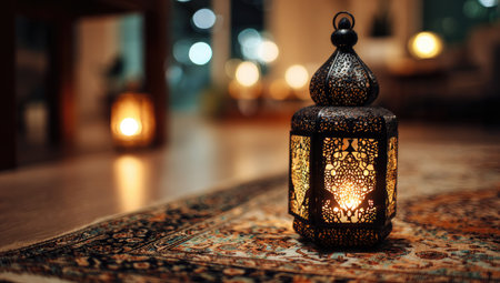 An antique lantern, center focus, glows with warm light, set on a patterned rug. The scene, shot indoors, features soft, ambient lighting with bokeh from other sources. The overall composition suggests a cozy atmosphere with possible uses for home decor or thematic editorial projects.の素材