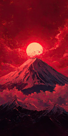 An illustration depicts a mountain range under a fiery red sky, dominated by a large sun. The composition features stylized clouds and a contrast of dark and bright hues. This artistic landscape may be suitable for various design applications including editorial content or as decorative artwork.の素材