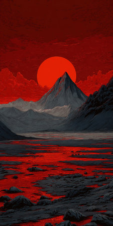 A striking landscape illustration presents a towering mountain range beneath a vividly colored sky dominated by a large, red sun. The composition features contrasting colors and textures, with dark water. This image could be suitable for various commercial uses, including artistic designs and digital content.の素材