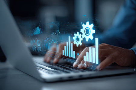 Hands are typing on a laptop keyboard with projected digital graphics representing data analysis and technology. The scene features a close-up perspective with a shallow depth of field, highlighting the interaction with technology. The composition uses cool tones, suggesting an office environment. Suitable for commercial purposes, illustrating innovation and data.の素材