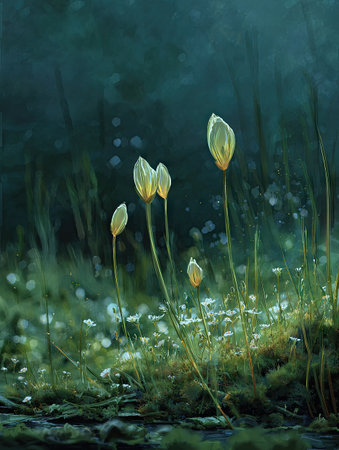 The image showcases several budding flowers with elongated stems, bathed in soft, diffused light. The composition features a shallow depth of field, with a focus on the central blooms. The color palette consists mainly of greens, yellows, and touches of white, creating a serene and naturalistic atmosphere. This scene is suitable for a variety of editorial or commercial purposes.の素材
