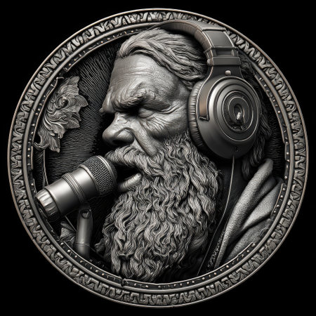 An image presents a detailed portrait of an elderly man wearing headphones and holding a microphone. The artwork shows intricate textures and shading, suggesting a sculpted or carved effect. The monochromatic color scheme enhances the dramatic lighting, suitable for various editorial and commercial applications.の素材