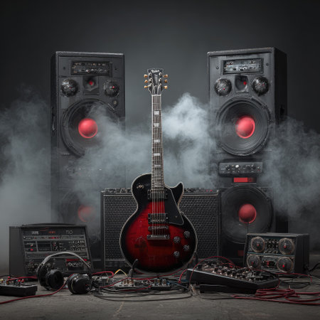 An electric guitar stands centered, surrounded by amplifiers, speakers, and audio equipment against a dark backdrop. The composition features a rich color palette, enhanced by smoke effects. The image is suitable for advertising, music production, or content related to the audio and entertainment industries.の素材